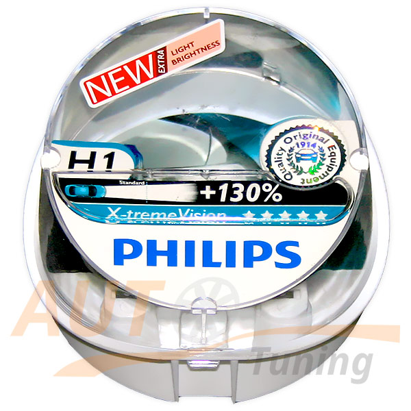 Автомобильные галогенные лампы PHILIPS X-treme VISION Н1, DC 12V, 55W, 2 шт, +130% яркости